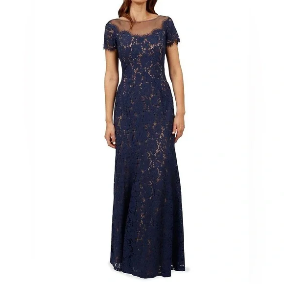 NWT Rene Ruiz Illusion Lace Floral Gown Navy Blue Size 6 - Picture 2 of 16